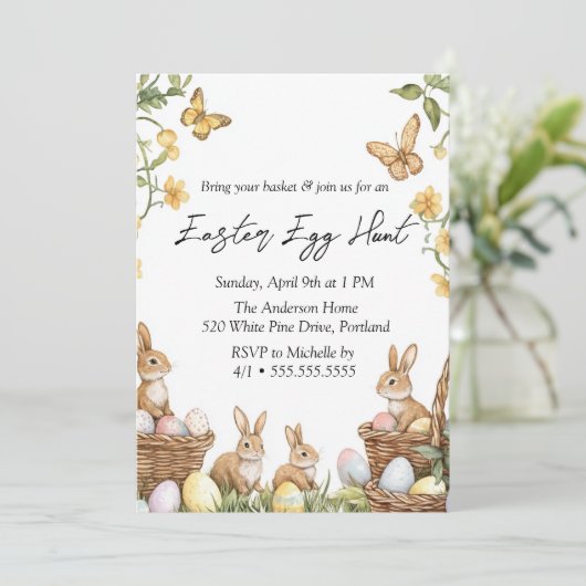 Bloemen konijnen en eieren paaseieren jacht kaart (Staand voorkant)