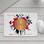 Bloemen kopercirkel inspirerende woorden en jouw n muismat<br><div class="desc">Stijlvolle meisjesachtige glam verfijnde muismat met een mooie waterverf bohemian handgeschilderde rode,  hete roze en marineblauwe pioen rozen en veren boeket en met een koperen metallic uitziende cirkel met jouw naam binnen. Personaliseer het met jouw naam en je inspirerende tekst \ quote!</div>