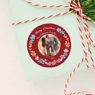 Bloemen krans cheshire cat rode kerst foto ronde sticker