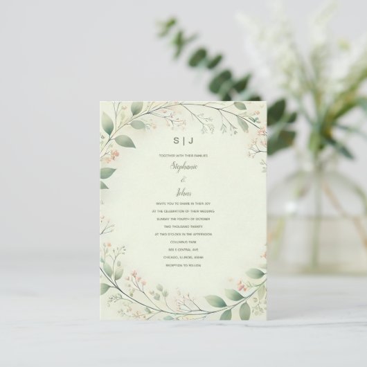 Bloemen Krans Crest Monogram Sage Green Wedding Briefkaart