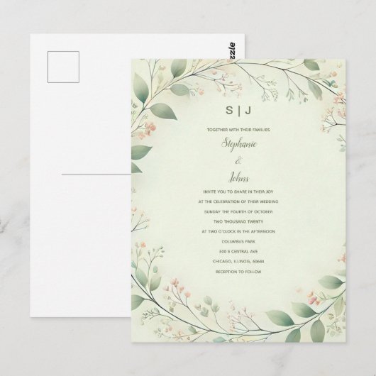 Bloemen Krans Crest Monogram Sage Green Wedding Briefkaart (Voorkant / Achterkant)