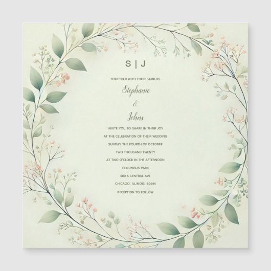 Bloemen Krans Crest Monogram Sage Green Wedding Magnetische Uitnodiging (Voorkant)