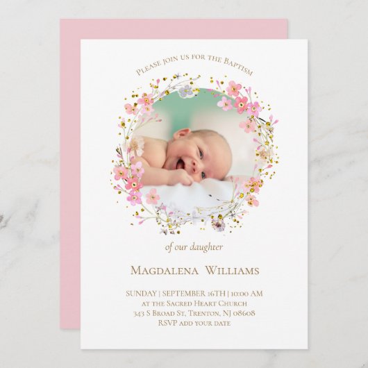 Bloemen krans foto lijst | uitnodiging tot doop (Voorkant / Achterkant)