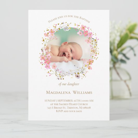 Bloemen krans foto lijst | uitnodiging tot doop (Staand voorkant)