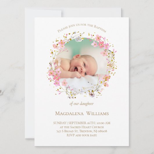 Bloemen krans foto lijst | uitnodiging tot doop (Voorkant)