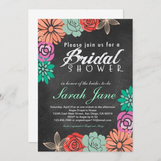 Bloemen Krijtbord Bruids Douche uitnodiging (Voorkant / Achterkant)
