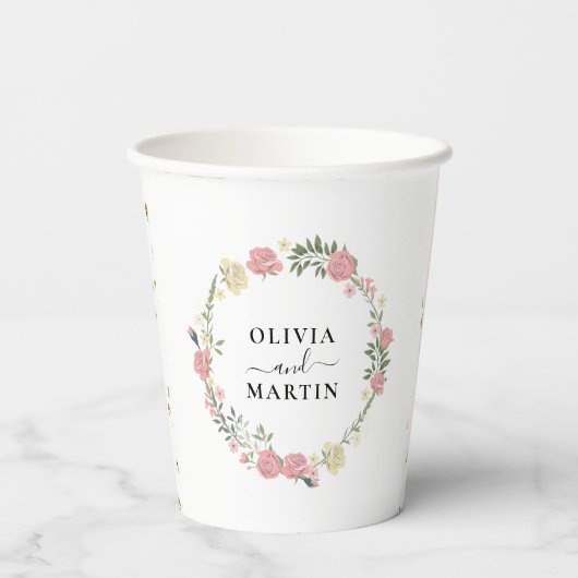 Bloemen Kroon Script Elegantie Trouwfeest Papieren Papieren Bekers (Achterkant)