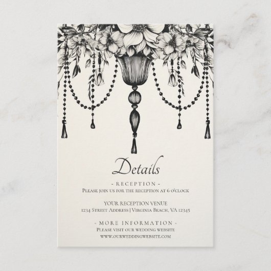 Bloemen kroonluchter zwart wit bruiloft details informatiekaartje (Voorkant)