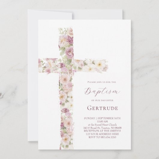 bloemen kruis Doop meisje Uitnodiging (Voorkant)