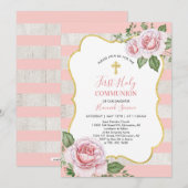 Bloemen & Kruis | Meisje Eerste Heilige Communie Kaart (Voorkant / Achterkant)