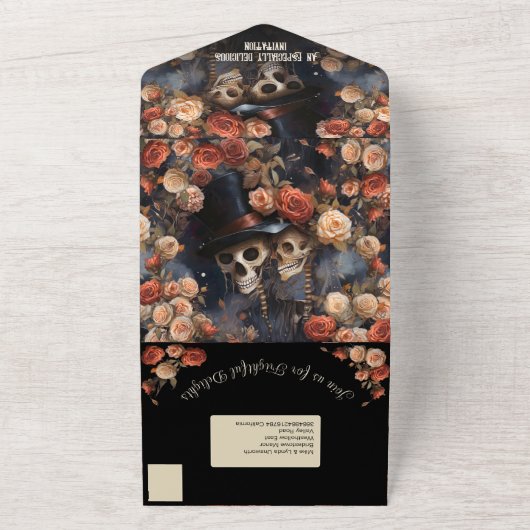 Bloemen kussen skeletten volwassen Halloween All In One Uitnodiging (Buitenkant)