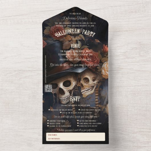 Bloemen kussen skeletten volwassen Halloween All In One Uitnodiging (Binnen)