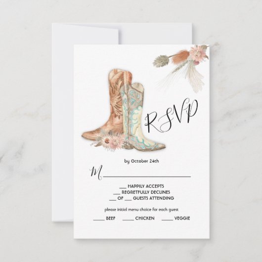 Bloemen Laarzen Cowboy Westers Menu Keuze RSVP Kaa Kaart (Voorkant)