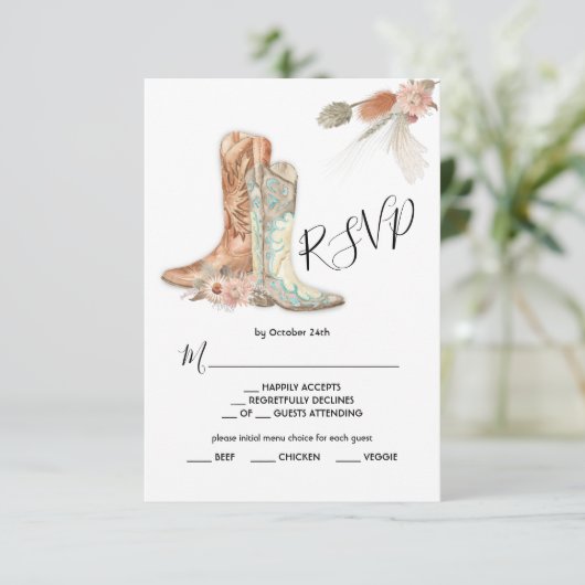 Bloemen Laarzen Cowboy Westers Menu Keuze RSVP Kaa Kaart (Staand voorkant)