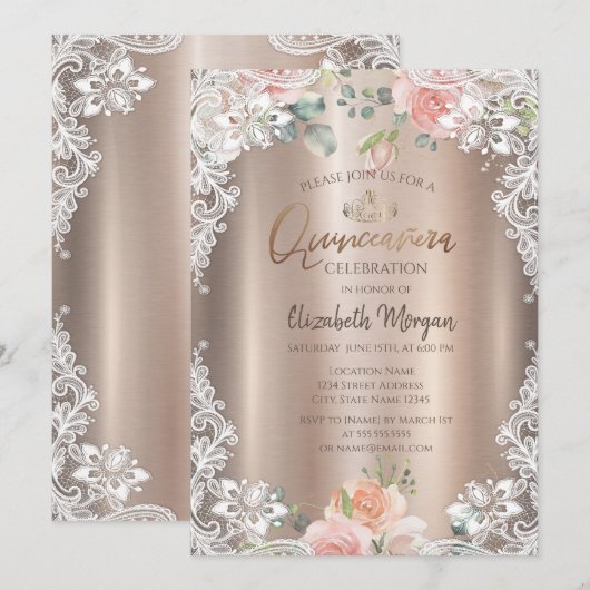 Bloemen, Lace, Tiara Quinceañera Kaart (Voorkant / Achterkant)