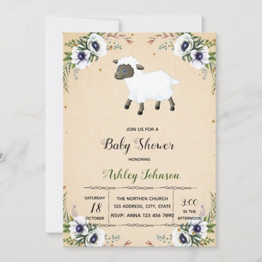 Bloemen lammetje babyshower uitnodiging (Voorkant)