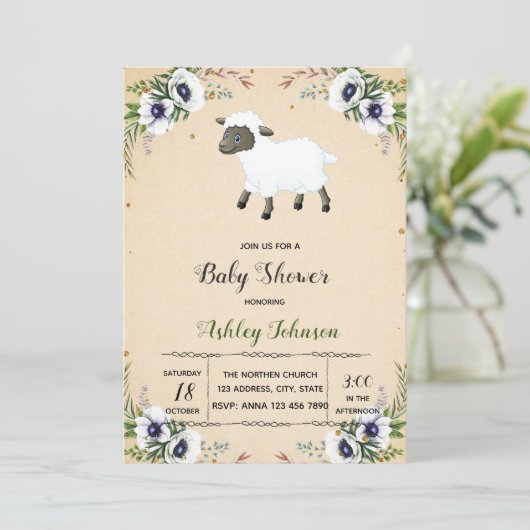 Bloemen lammetje babyshower uitnodiging (Staand voorkant)