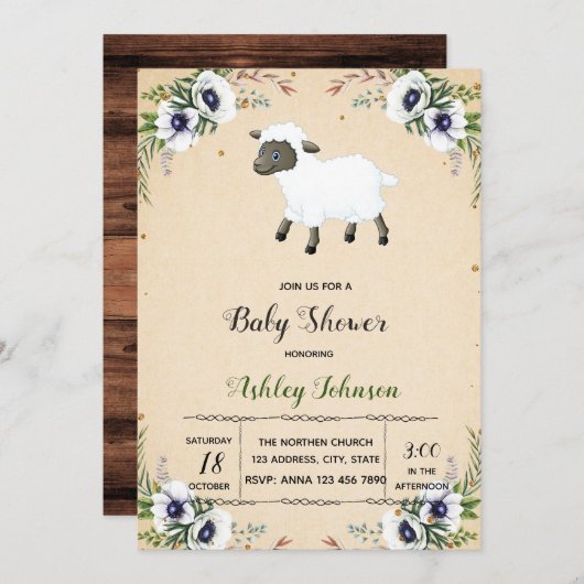 Bloemen lammetje babyshower uitnodiging (Voorkant / Achterkant)