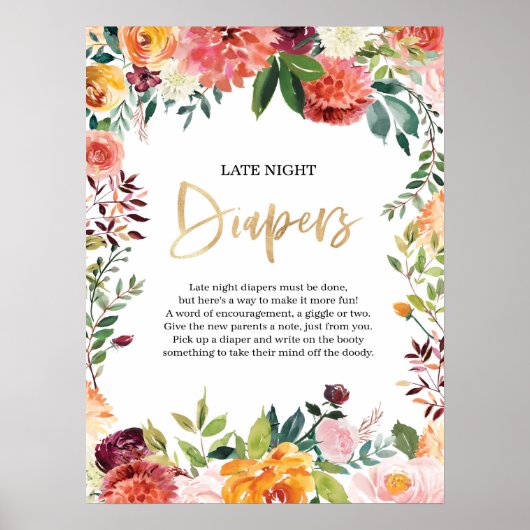 Bloemen Late nacht luiers Baby shower teken Poster (Voorkant)