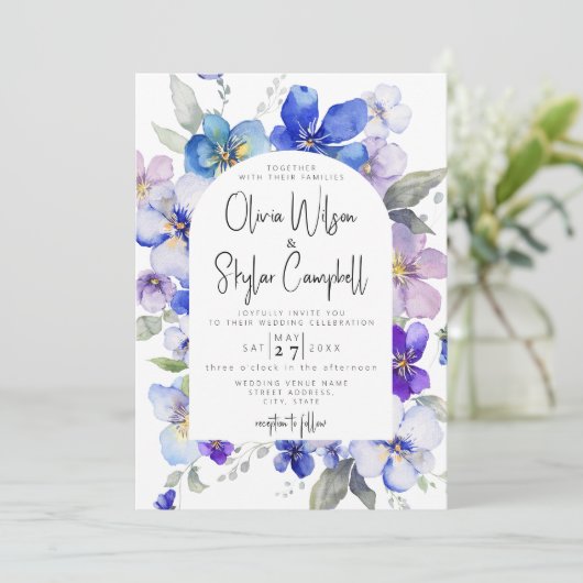 Bloemen Lavendel Blauw QR Code Alles In Een Bruilo Kaart (Staand voorkant)