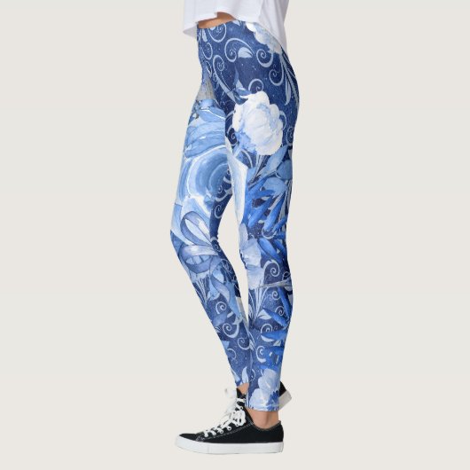 Bloemen Leggings, 1 Blue Flower Print Designer Leggings (Links)