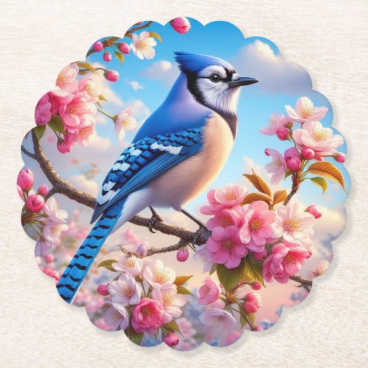 Bloemen/lente Blue Jay kunst Kartonnen Onderzetters (Voorkant)