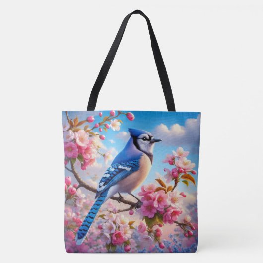 Bloemen/lente Blue Jay kunst Tote Bag (Voorkant)