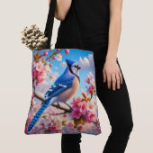 Bloemen/lente Blue Jay kunst Tote Bag (Dichtbij)