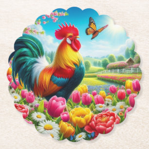 Bloemen/lente haan/kip artwork kartonnen onderzetters