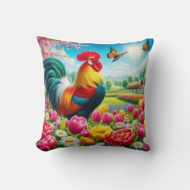 Bloemen/lente haan/kip artwork kussen (Voorkant)