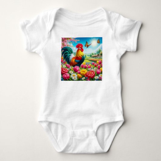 Bloemen/lente haan/kip artwork romper (Voorkant)