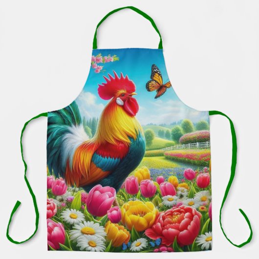Bloemen/lente haan/kip artwork schort (Voorkant)