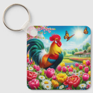 Bloemen/lente haan/kip artwork sleutelhanger