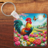 Bloemen/lente haan/kip artwork sleutelhanger (Voorkant)