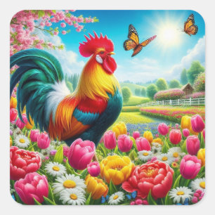 Bloemen/lente haan/kip artwork vierkante sticker