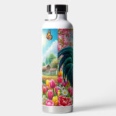 Bloemen/lente haan/kip artwork waterfles (Rechts)