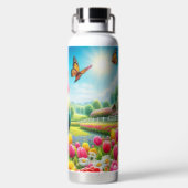Bloemen/lente haan/kip artwork waterfles (Achterkant)
