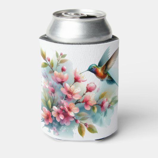 Bloemen/lente kolibrie kunstwerk blikjeskoeler (Blikje Achterkant)