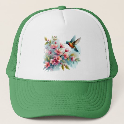 Bloemen/lente kolibrie kunstwerk trucker pet (Voorkant)