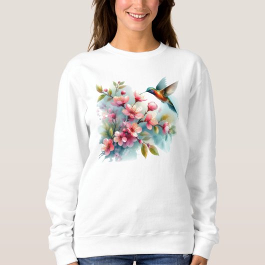 Bloemen/lente kolibrie kunstwerk trui (Voorkant)