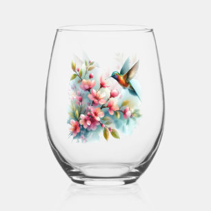 Bloemen/lente kolibrie kunstwerk wijnglas zonder voet
