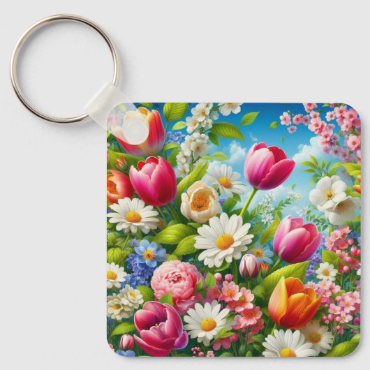 Bloemen/lente kunstwerk sleutelhanger (Voorkant)
