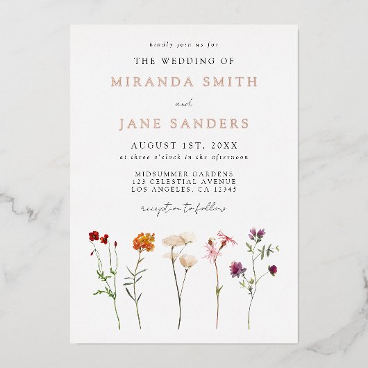 Bloemen Lesbische bruiloft Folie Uitnodiging (Voorkant)