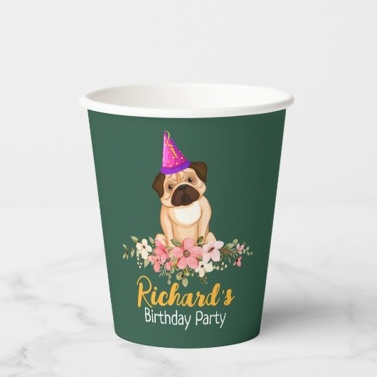 Bloemen Leuke Puppy Kids Verjaardag Papieren Bekers (Voorkant)