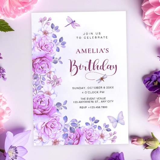 Bloemen libel verjaardagsuitnodiging kaart