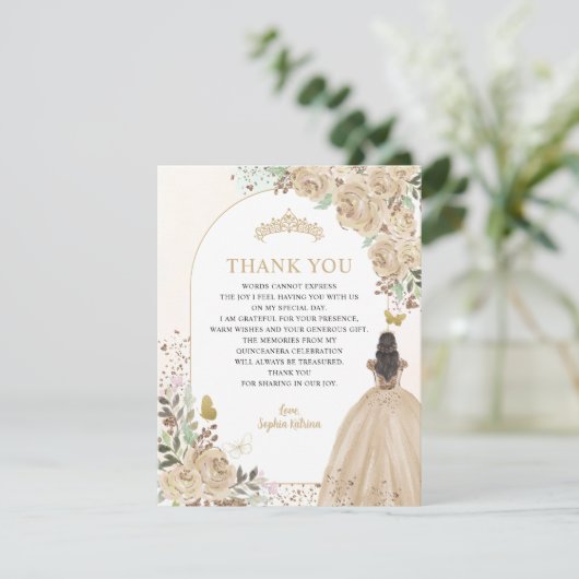 Bloemen Licht Goud Prinses Quinceanera Dank u Kaart (Staand voorkant)