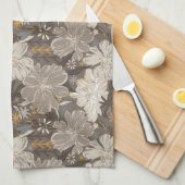 Bloemen lijn tekening grijs, wit, & hints van tan theedoek (Quarter Fold)