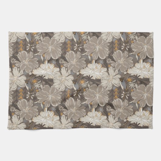 Bloemen lijn tekening grijs, wit, & hints van tan theedoek (Horizontaal)
