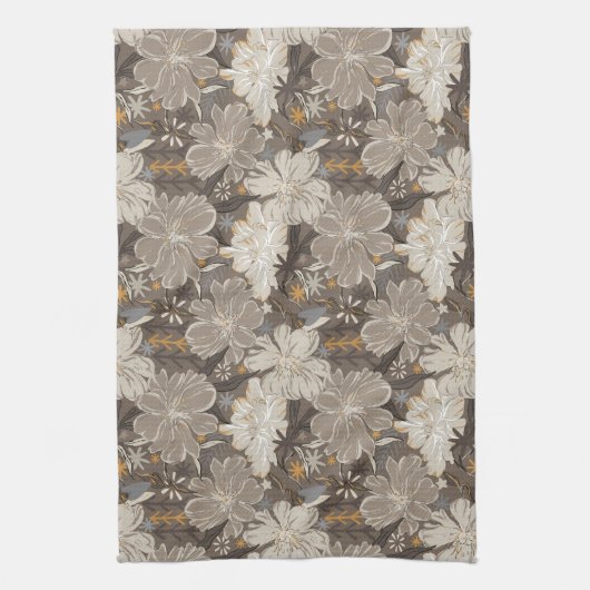 Bloemen lijn tekening grijs, wit, & hints van tan theedoek (Verticaal)
