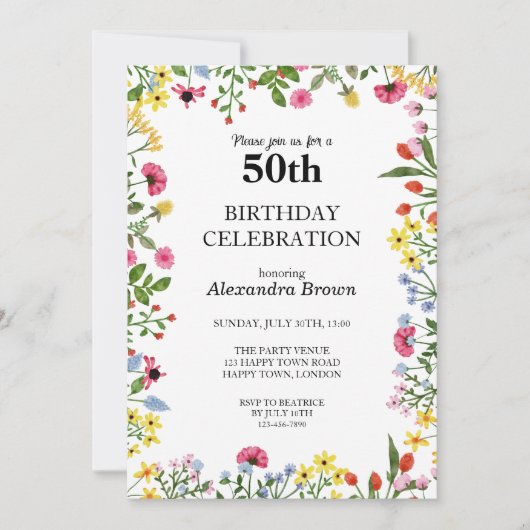 Bloemen Lijst 50e Verjaardag Fotofeestje Kaart (Voorkant)